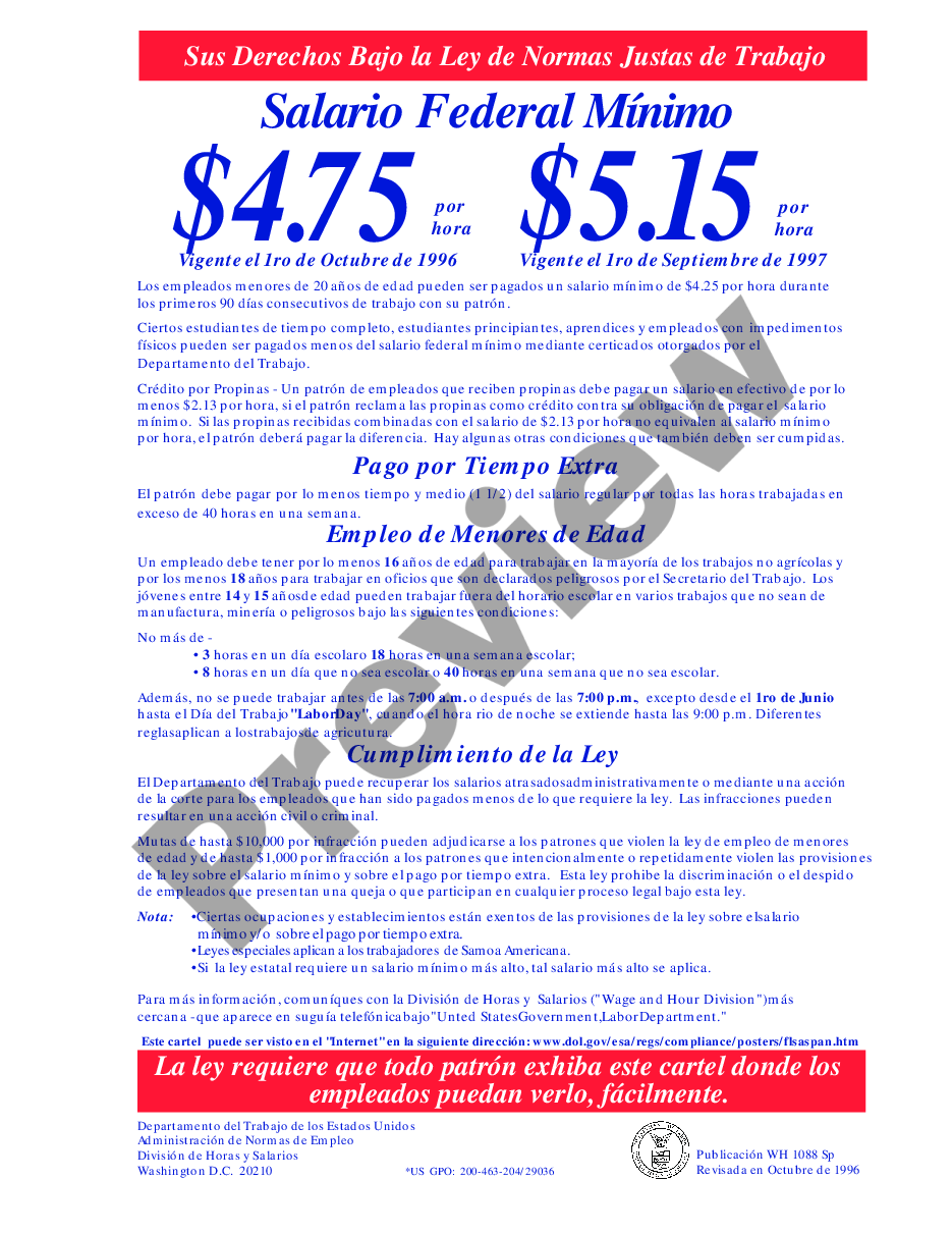 Fair Labor Standards Act FLSA Minimum Wage Poster Wh1088 US Legal Forms