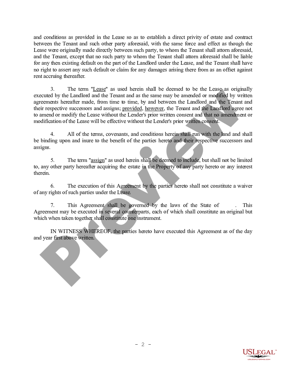 page 1 Subordination and Attornment Agreement - Landlord - Tenant - Lender preview