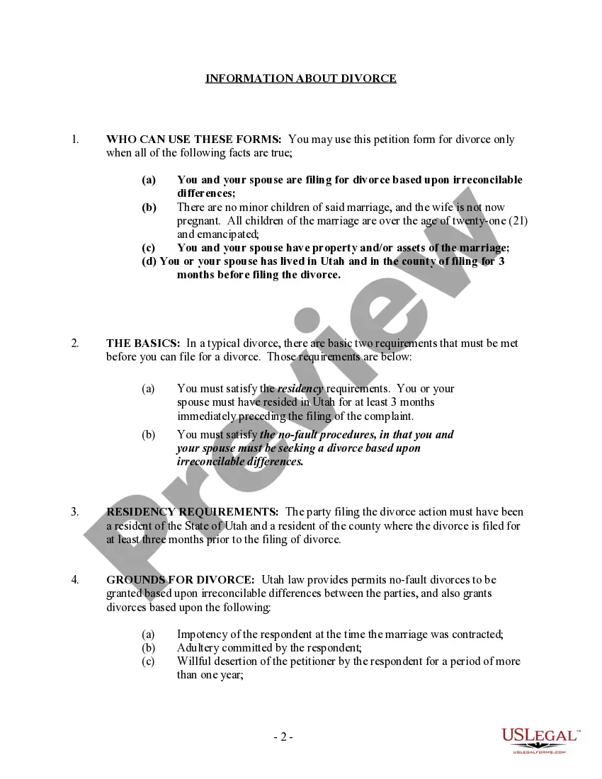 Preview Utah No-Fault Uncontested Agreed Divorce Package for Dissolution of Marriage with Adult Children and with or without Property and Debts