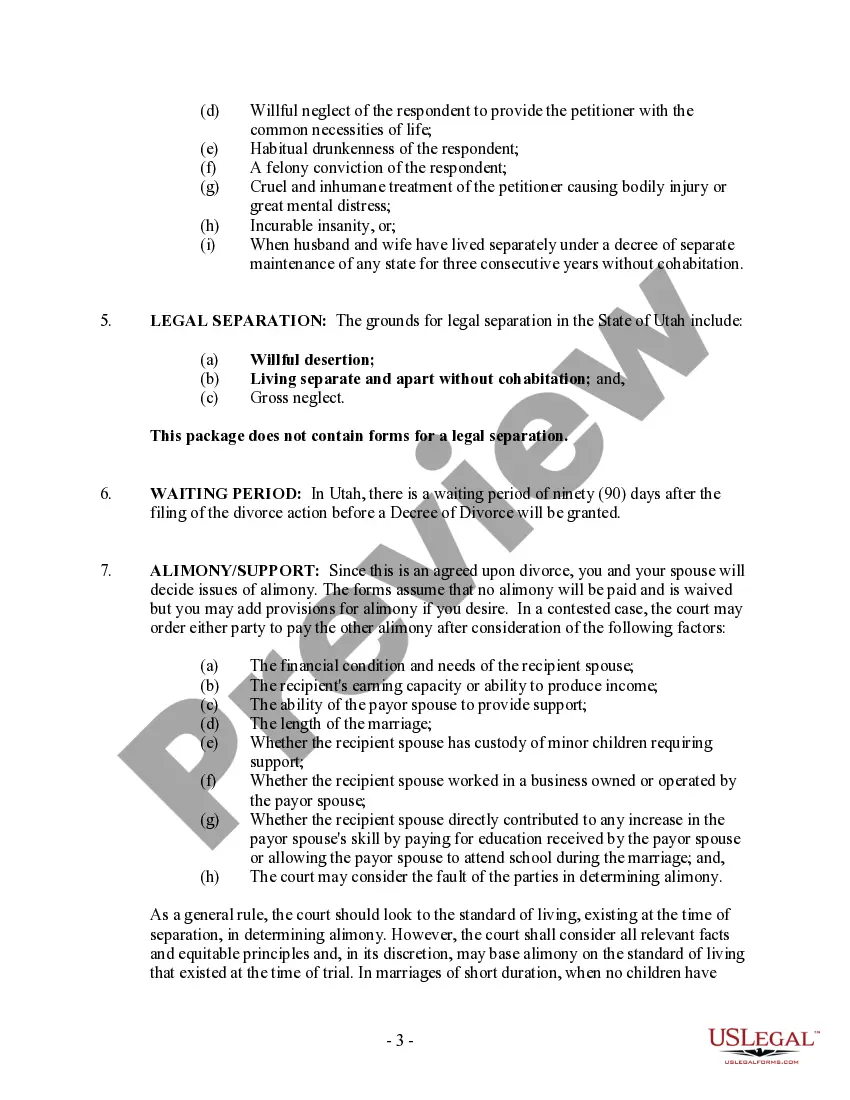 Preview Utah No-Fault Uncontested Agreed Divorce Package for Dissolution of Marriage with Adult Children and with or without Property and Debts