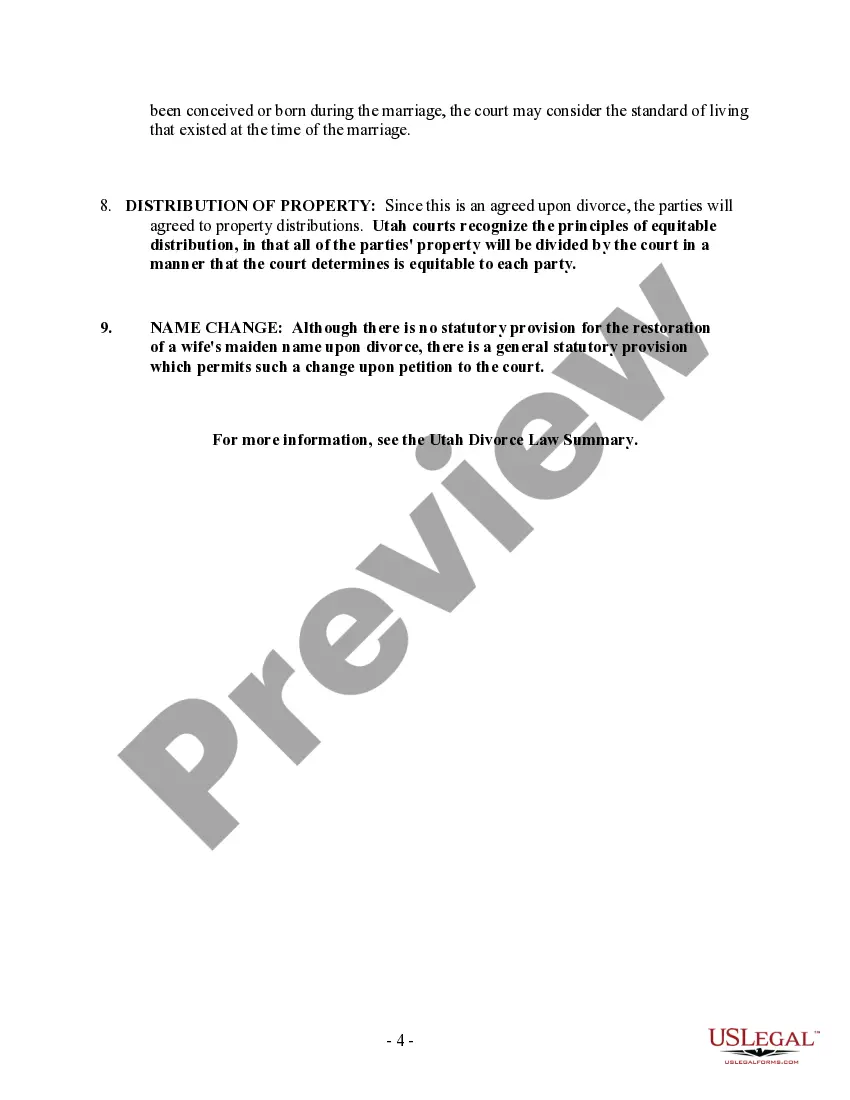 Preview Utah No-Fault Uncontested Agreed Divorce Package for Dissolution of Marriage with Adult Children and with or without Property and Debts