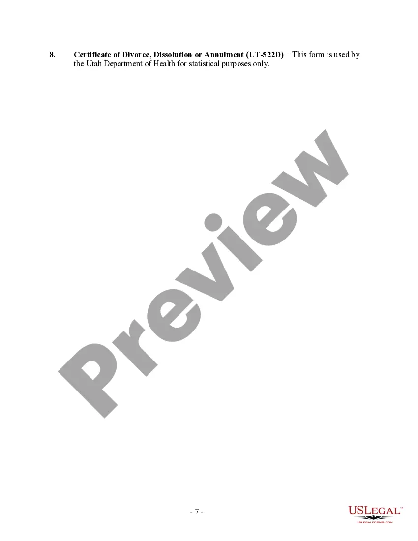 Preview Utah No-Fault Uncontested Agreed Divorce Package for Dissolution of Marriage with Adult Children and with or without Property and Debts