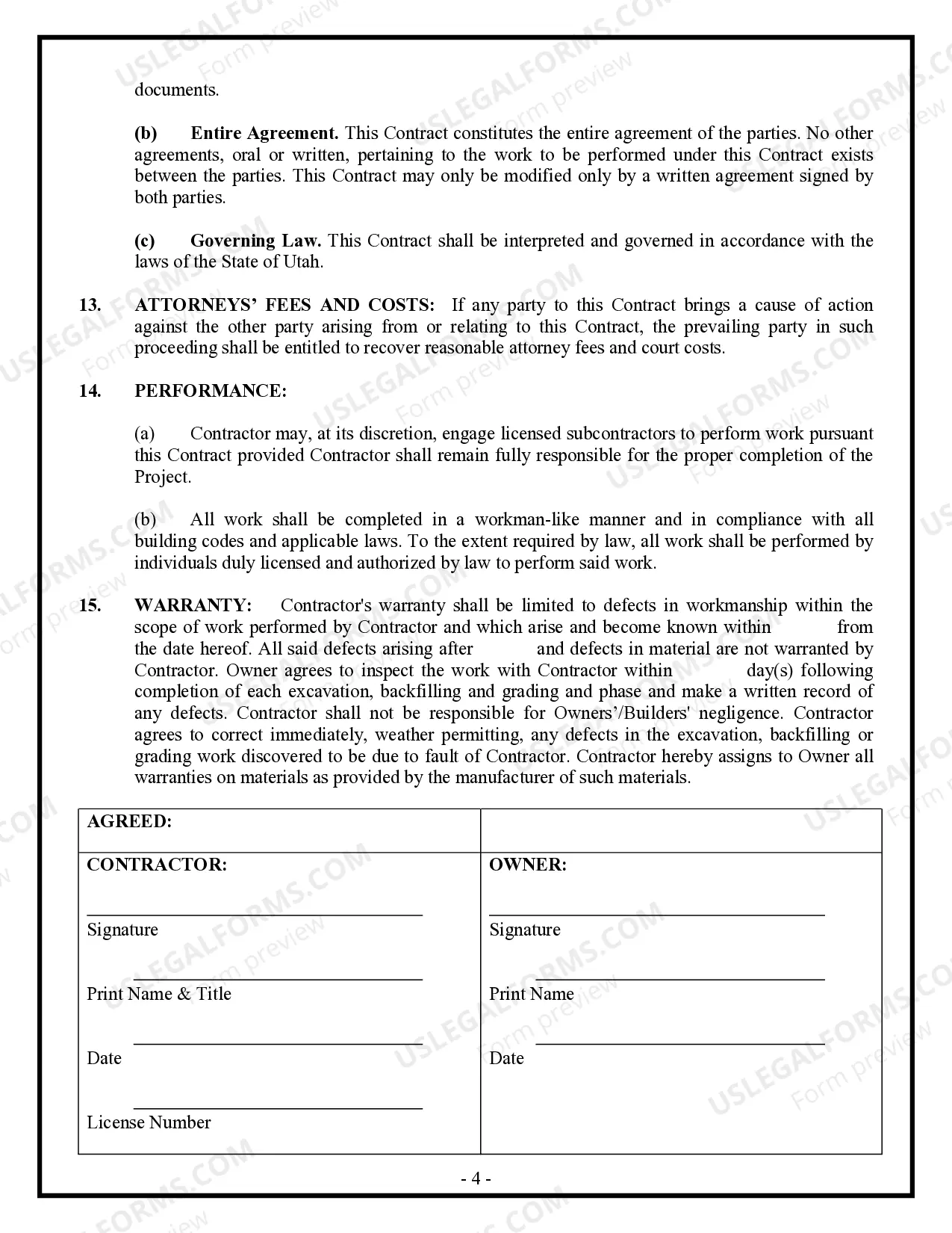 Preview Excavator Contract for Contractor