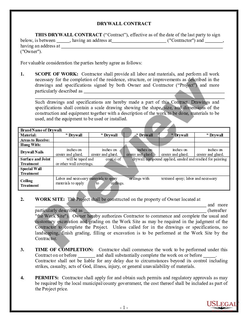 page 0 Sheetrock Drywall Contract for Contractor preview