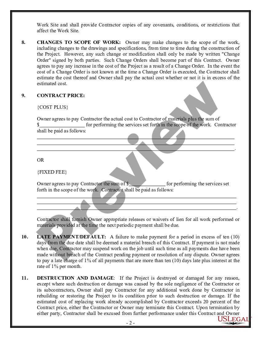 Cost Plus Building Contract Template For Adults US Legal Forms