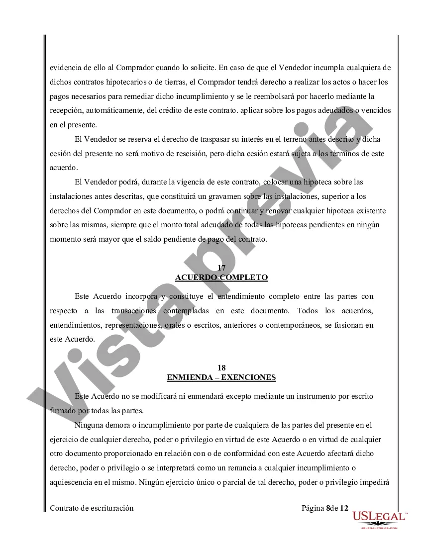 Preview Acuerdo o Contrato de Escritura de Venta y Compra de Bienes Raíces a/k/a Terreno o Contrato de Ejecución