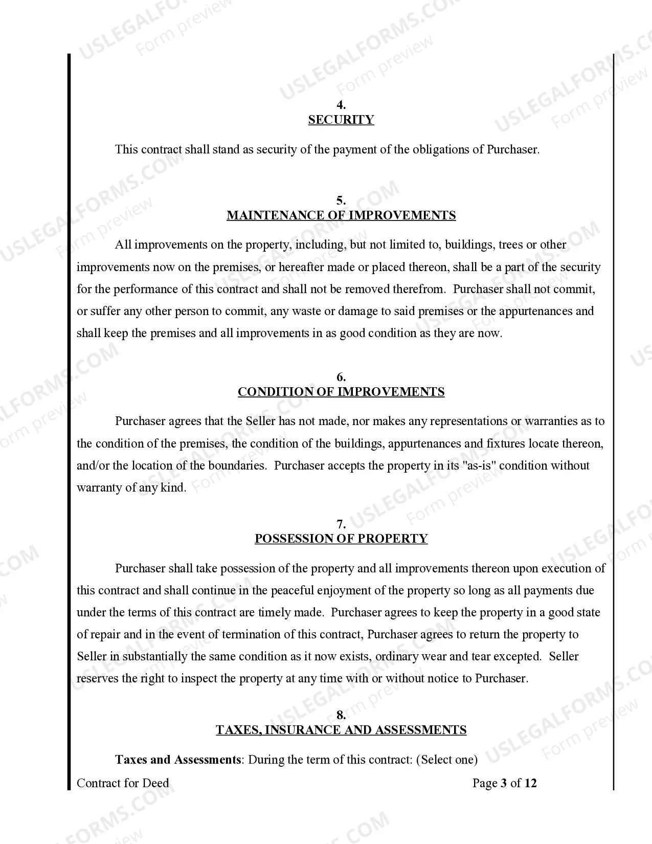 Preview Agreement or Contract for Deed for Sale and Purchase of Real Estate a/k/a Land or Executory Contract