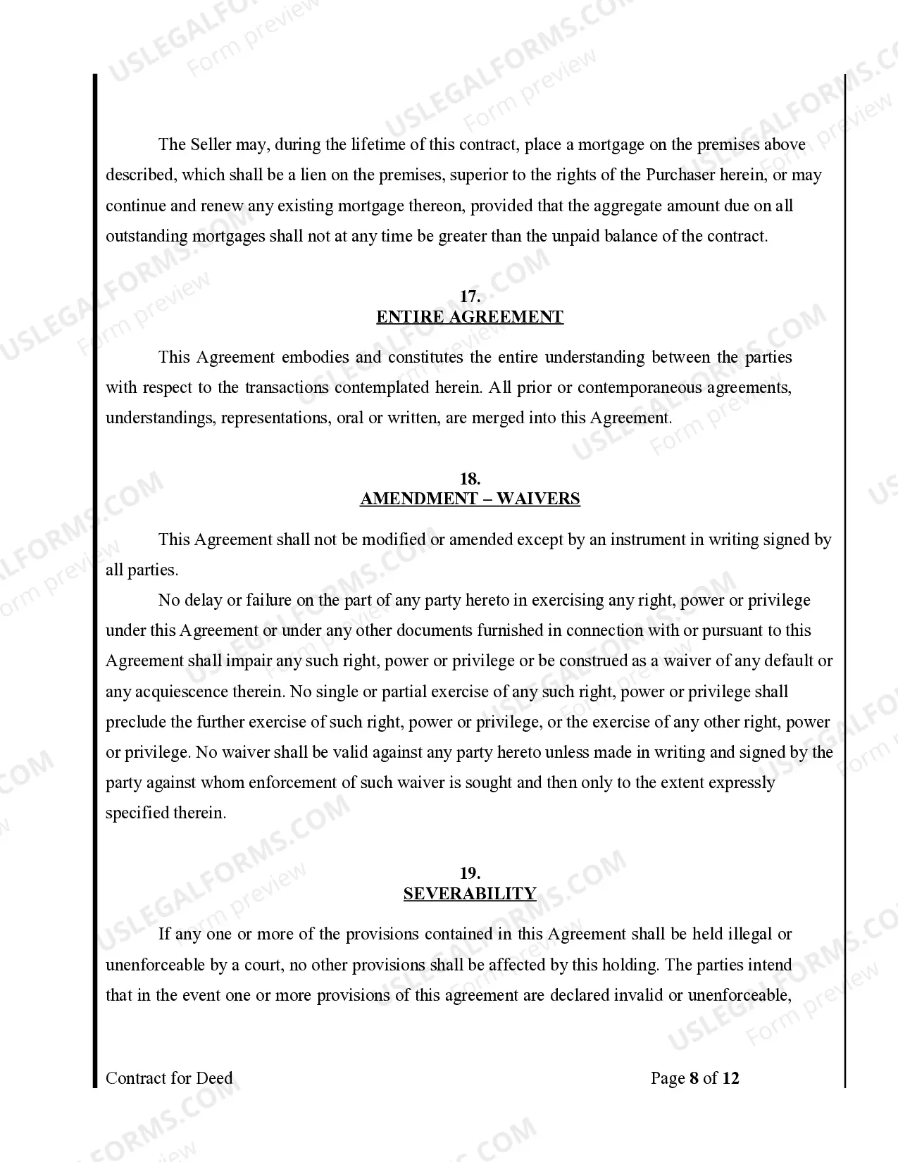 Preview Agreement or Contract for Deed for Sale and Purchase of Real Estate a/k/a Land or Executory Contract