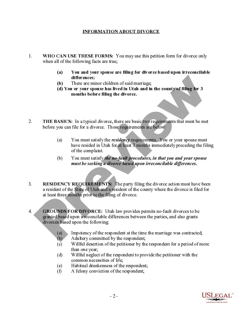 Preview Utah No-Fault Agreed Uncontested Divorce Package for Dissolution of Marriage for people with Minor Children