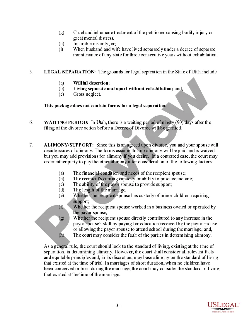 Preview Utah No-Fault Agreed Uncontested Divorce Package for Dissolution of Marriage for people with Minor Children