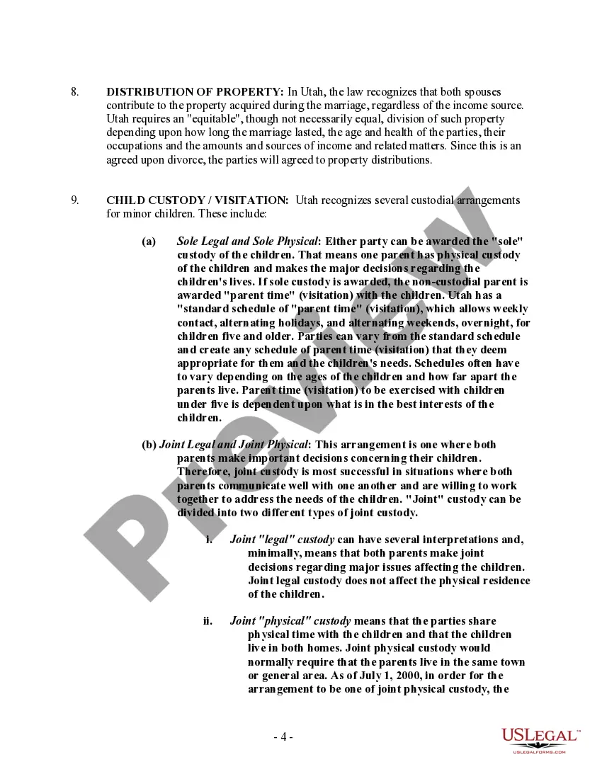 Preview Utah No-Fault Agreed Uncontested Divorce Package for Dissolution of Marriage for people with Minor Children