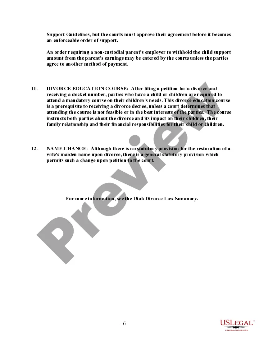 Preview Utah No-Fault Agreed Uncontested Divorce Package for Dissolution of Marriage for people with Minor Children