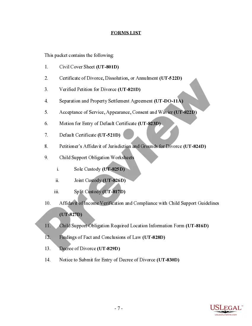 Preview Utah No-Fault Agreed Uncontested Divorce Package for Dissolution of Marriage for people with Minor Children