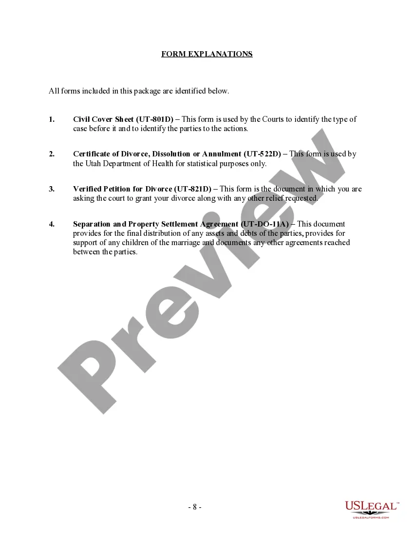 Preview Utah No-Fault Agreed Uncontested Divorce Package for Dissolution of Marriage for people with Minor Children