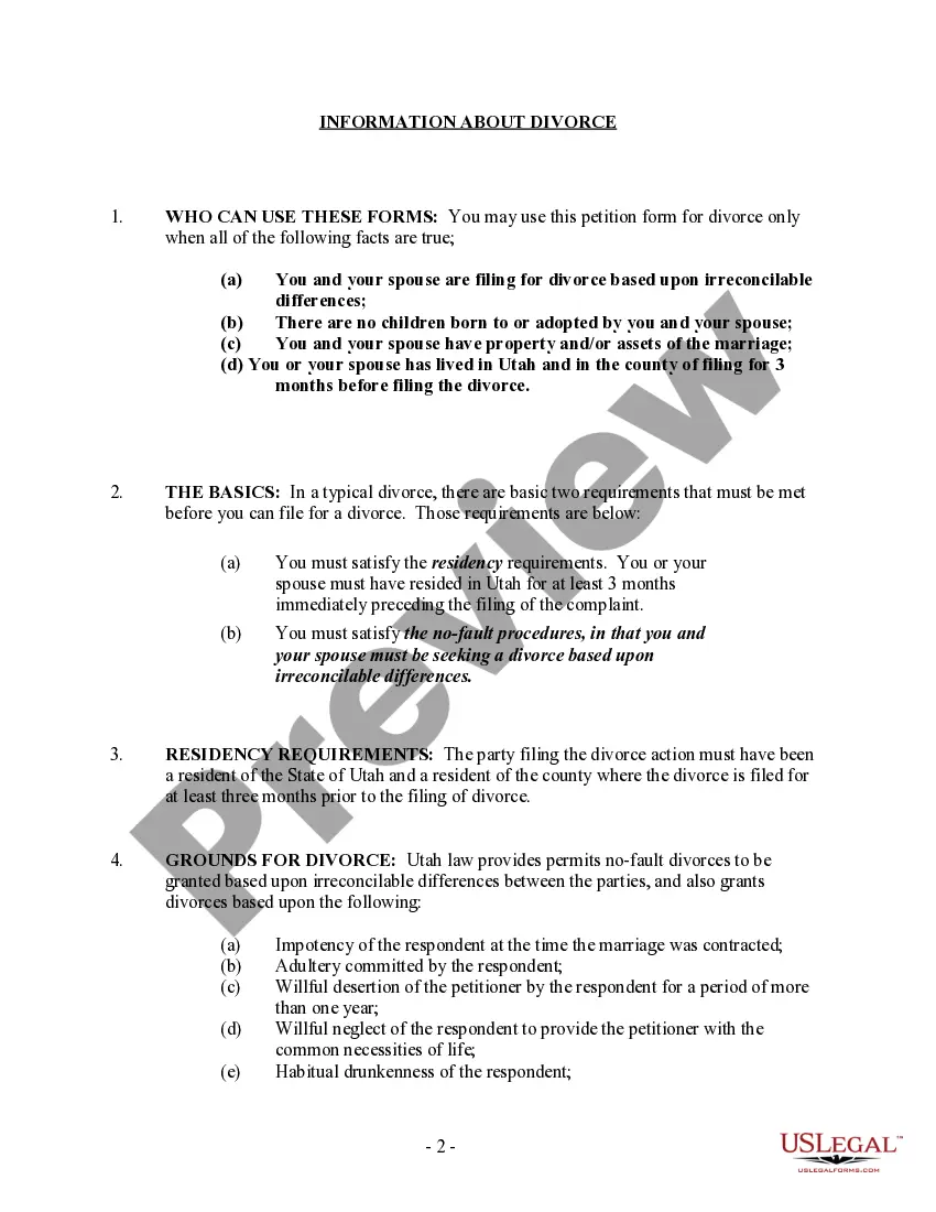 Preview Utah No-Fault Agreed Uncontested Divorce Package for Dissolution of Marriage for Persons with No Children with or without Property and Debts