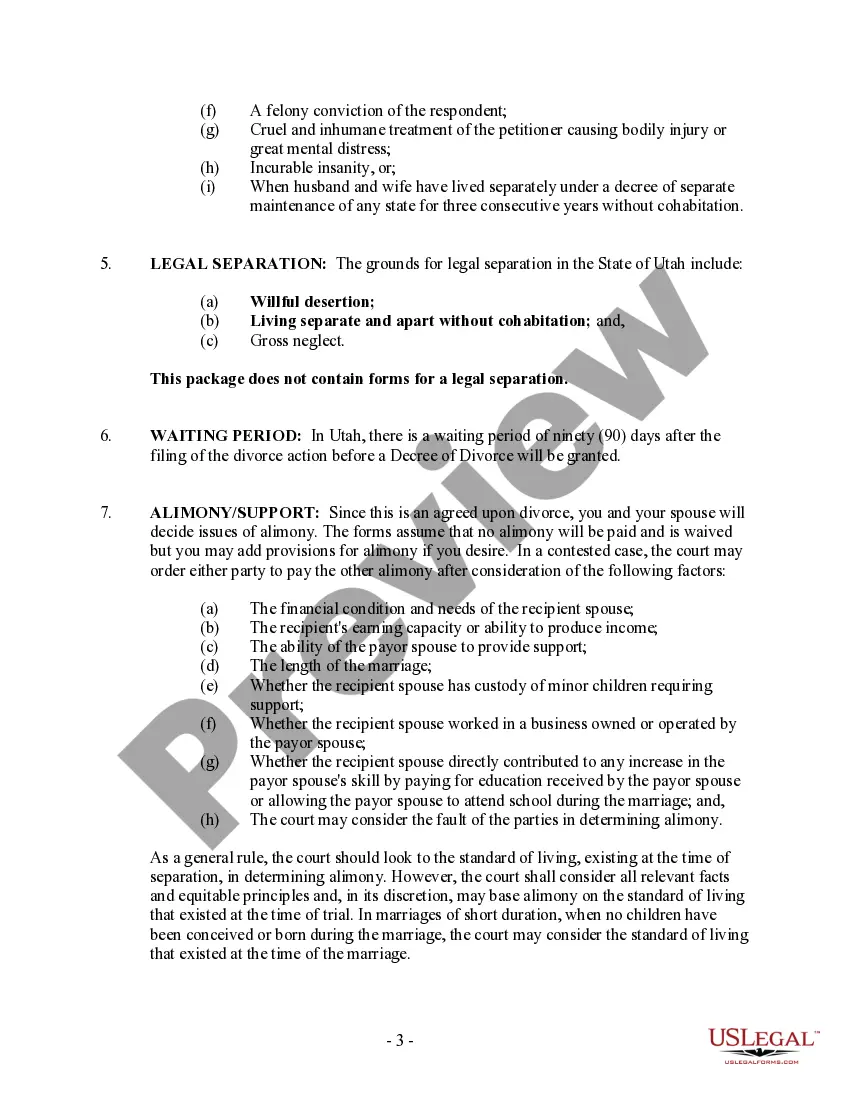 Preview Utah No-Fault Agreed Uncontested Divorce Package for Dissolution of Marriage for Persons with No Children with or without Property and Debts