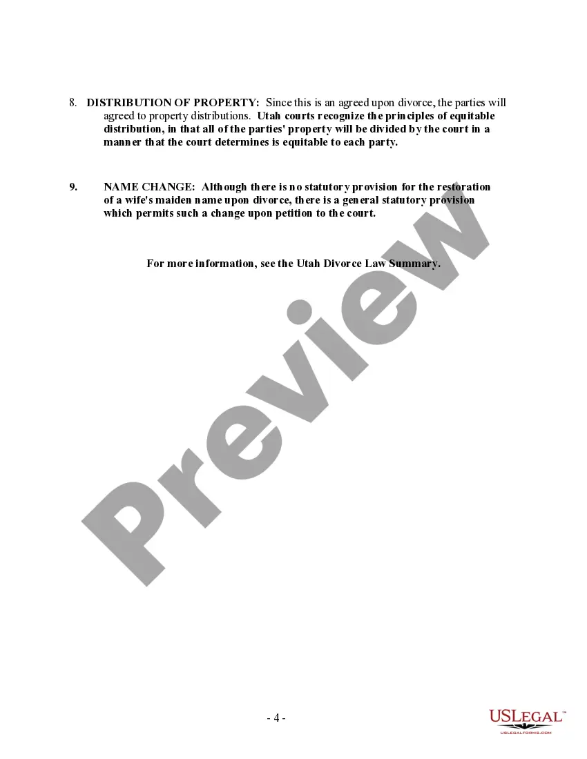 Preview Utah No-Fault Agreed Uncontested Divorce Package for Dissolution of Marriage for Persons with No Children with or without Property and Debts