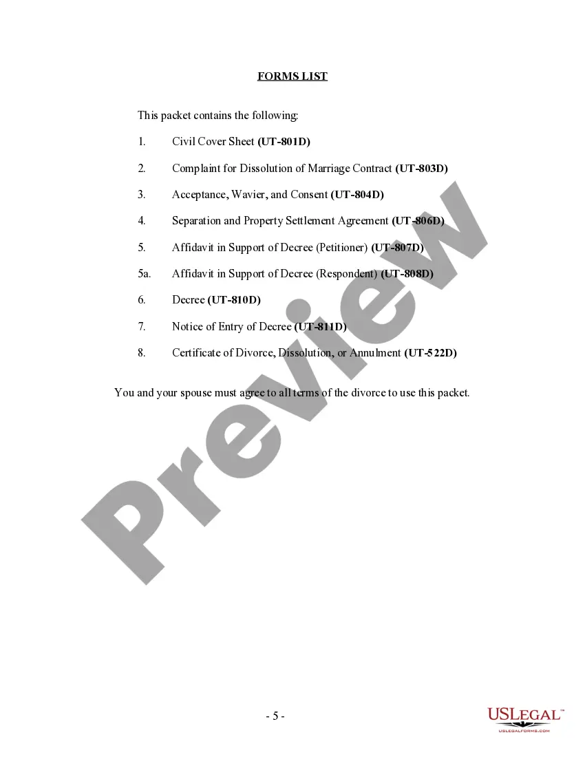 Preview Utah No-Fault Agreed Uncontested Divorce Package for Dissolution of Marriage for Persons with No Children with or without Property and Debts