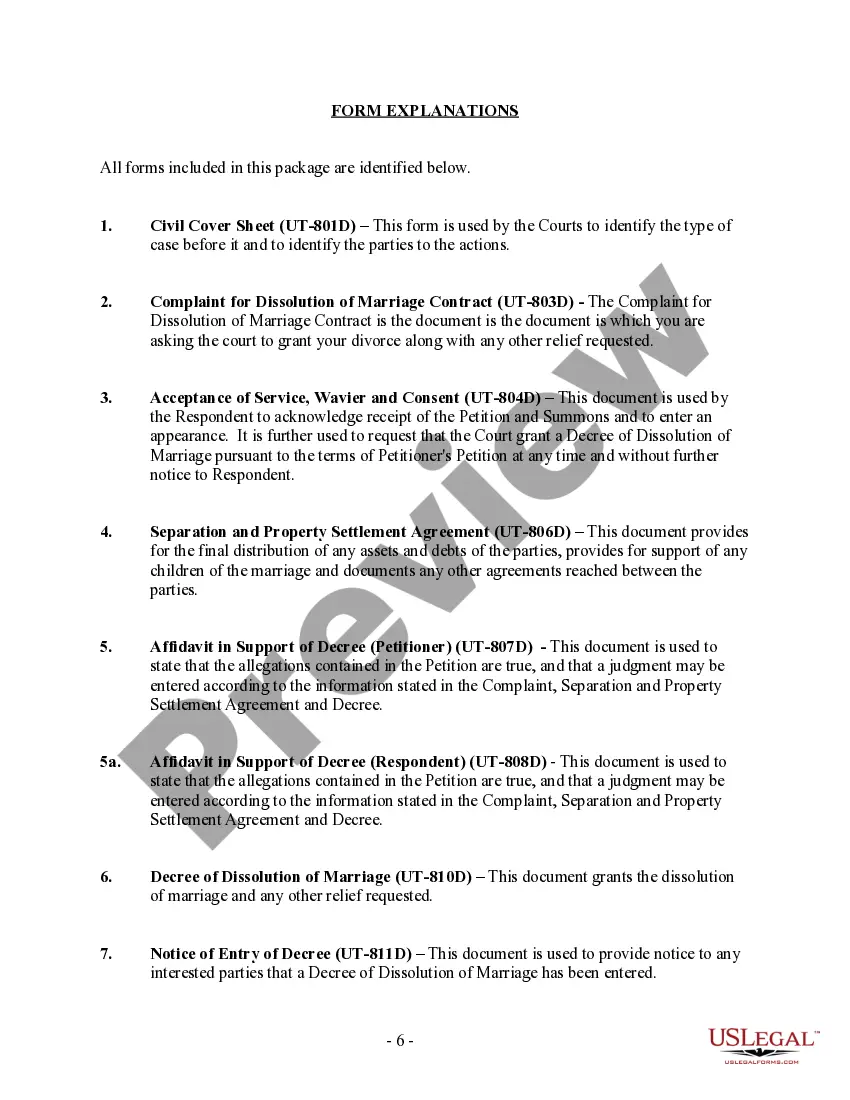 Preview Utah No-Fault Agreed Uncontested Divorce Package for Dissolution of Marriage for Persons with No Children with or without Property and Debts