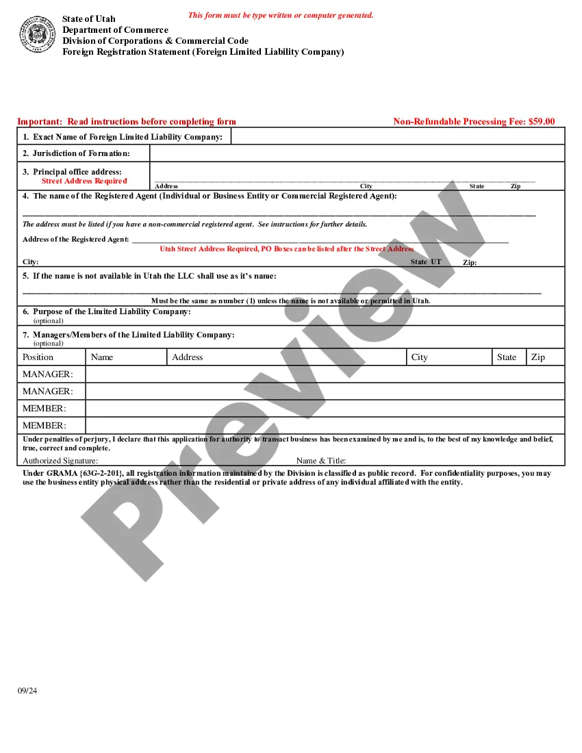 Preview Utah Registration of Foreign Corporation