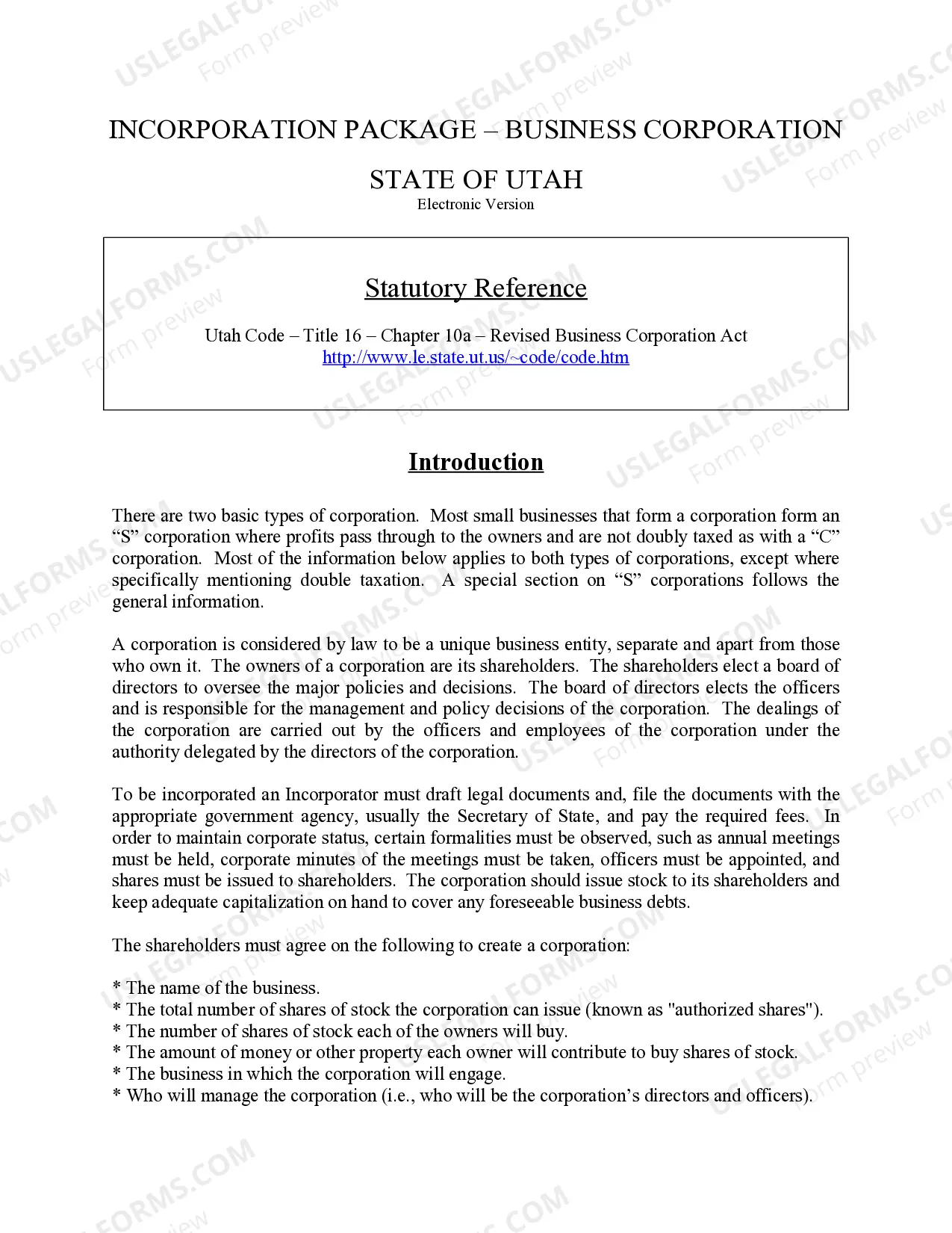 Preview Utah Business Incorporation Package to Incorporate Corporation