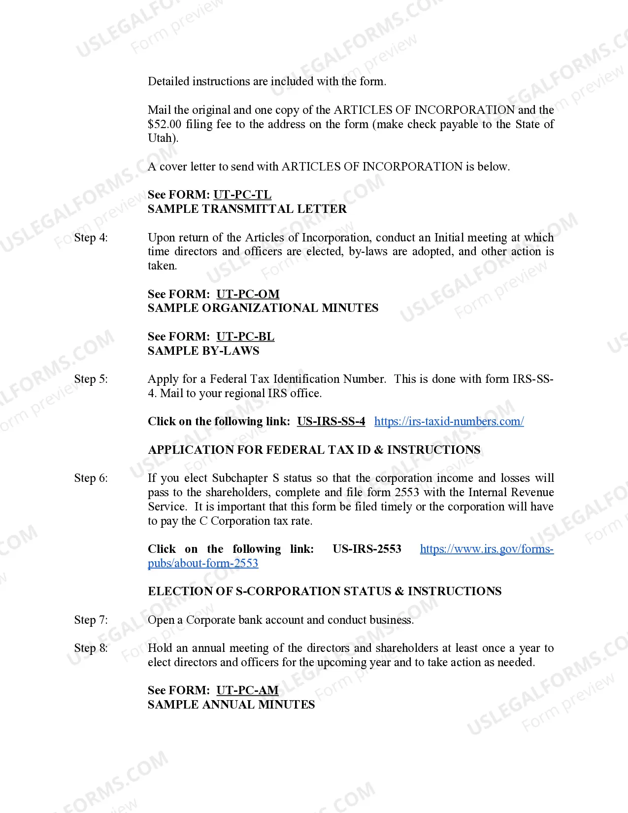 Preview Professional Corporation Package for Utah