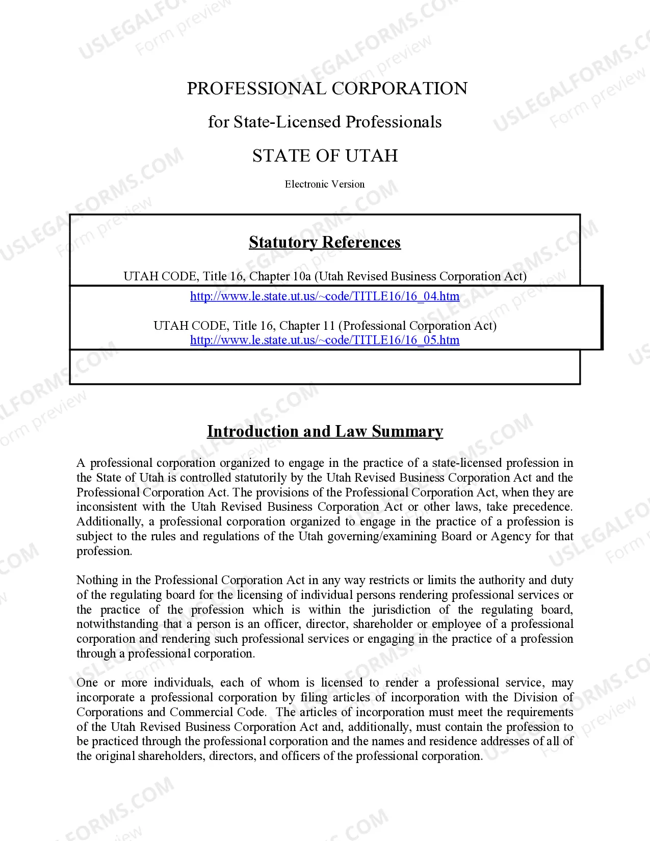 Preview Professional Corporation Package for Utah