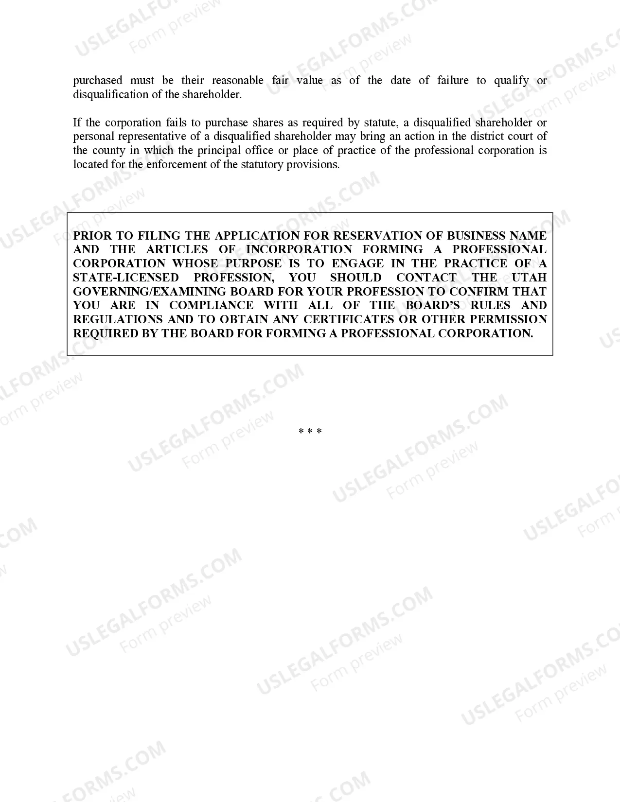 Preview Professional Corporation Package for Utah