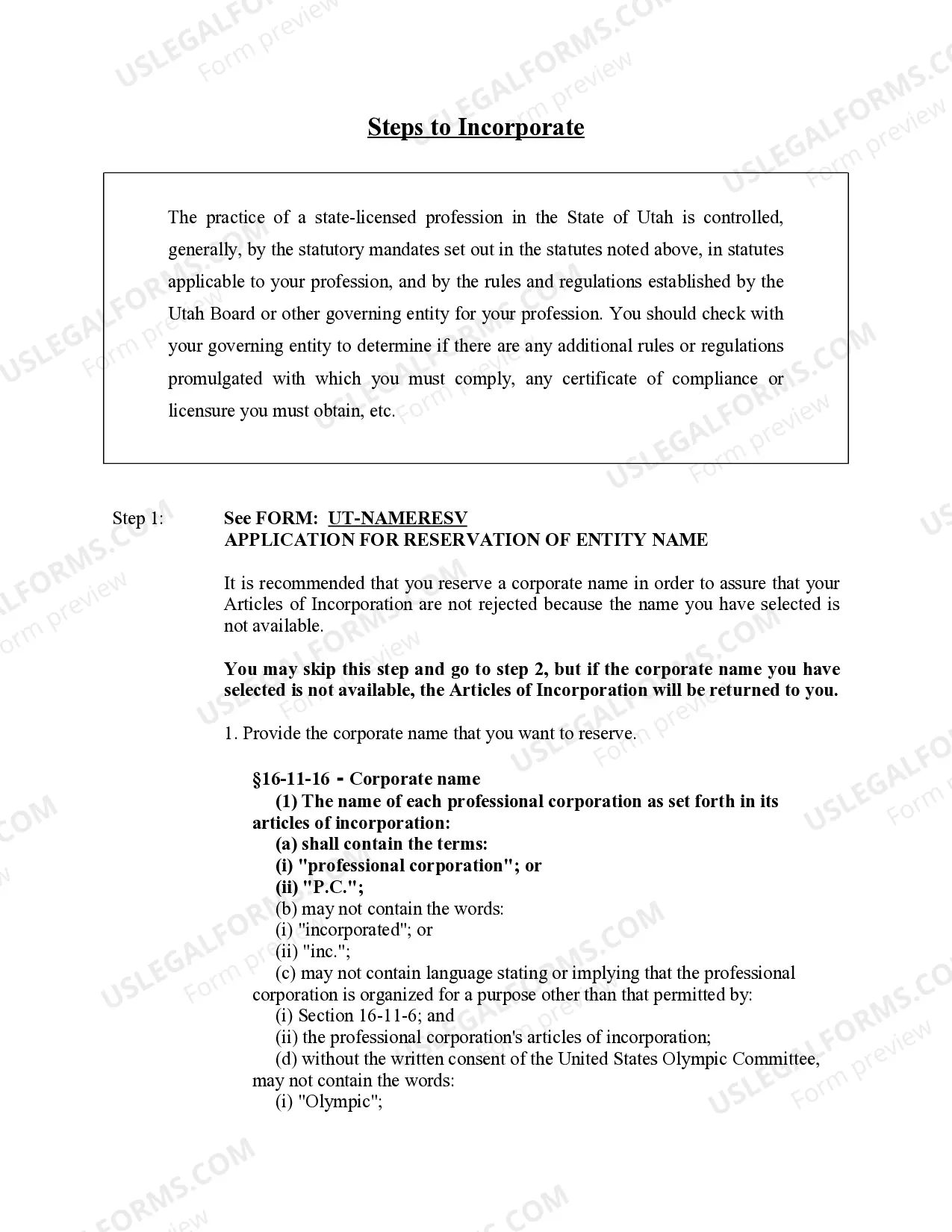 Preview Professional Corporation Package for Utah