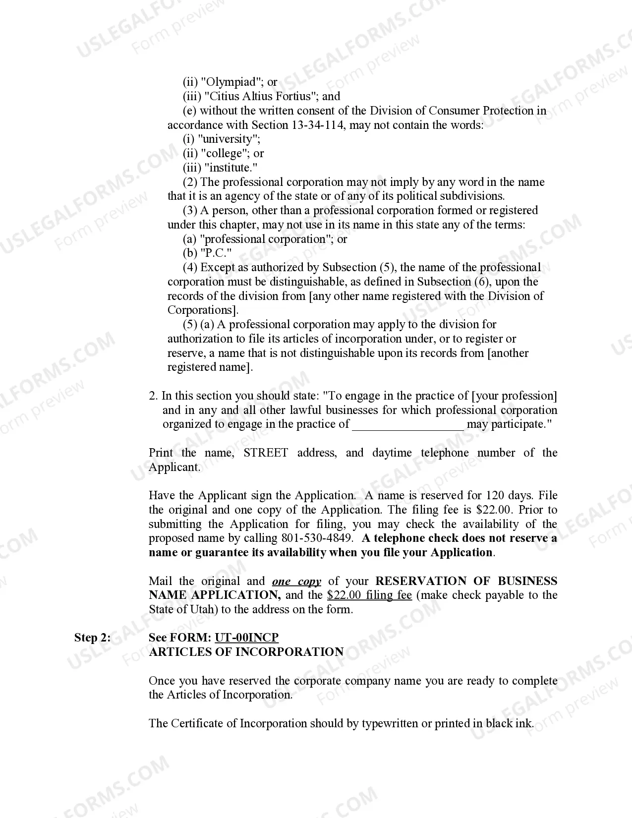 Preview Professional Corporation Package for Utah