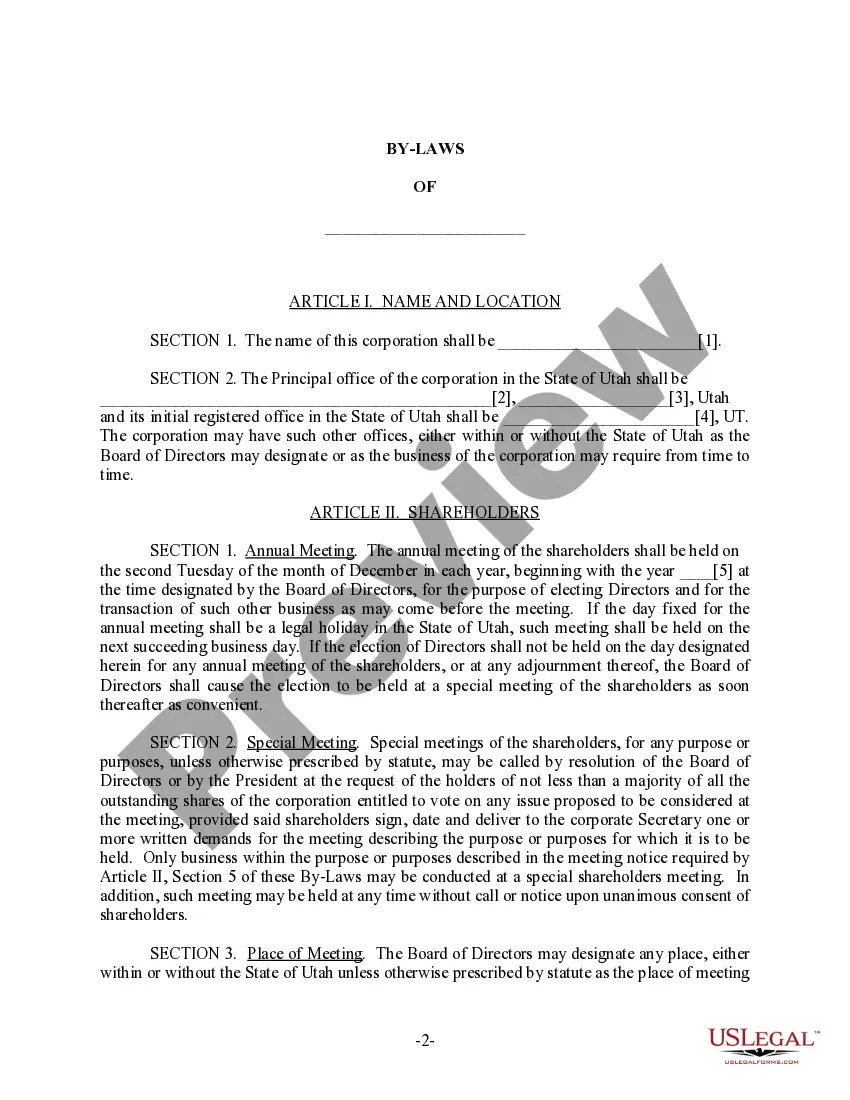 Preview Utah Bylaws for Corporation