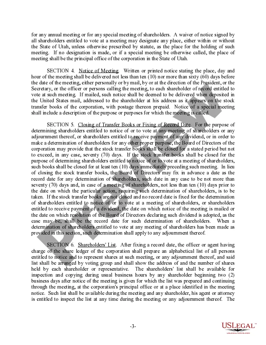 Preview Utah Bylaws for Corporation