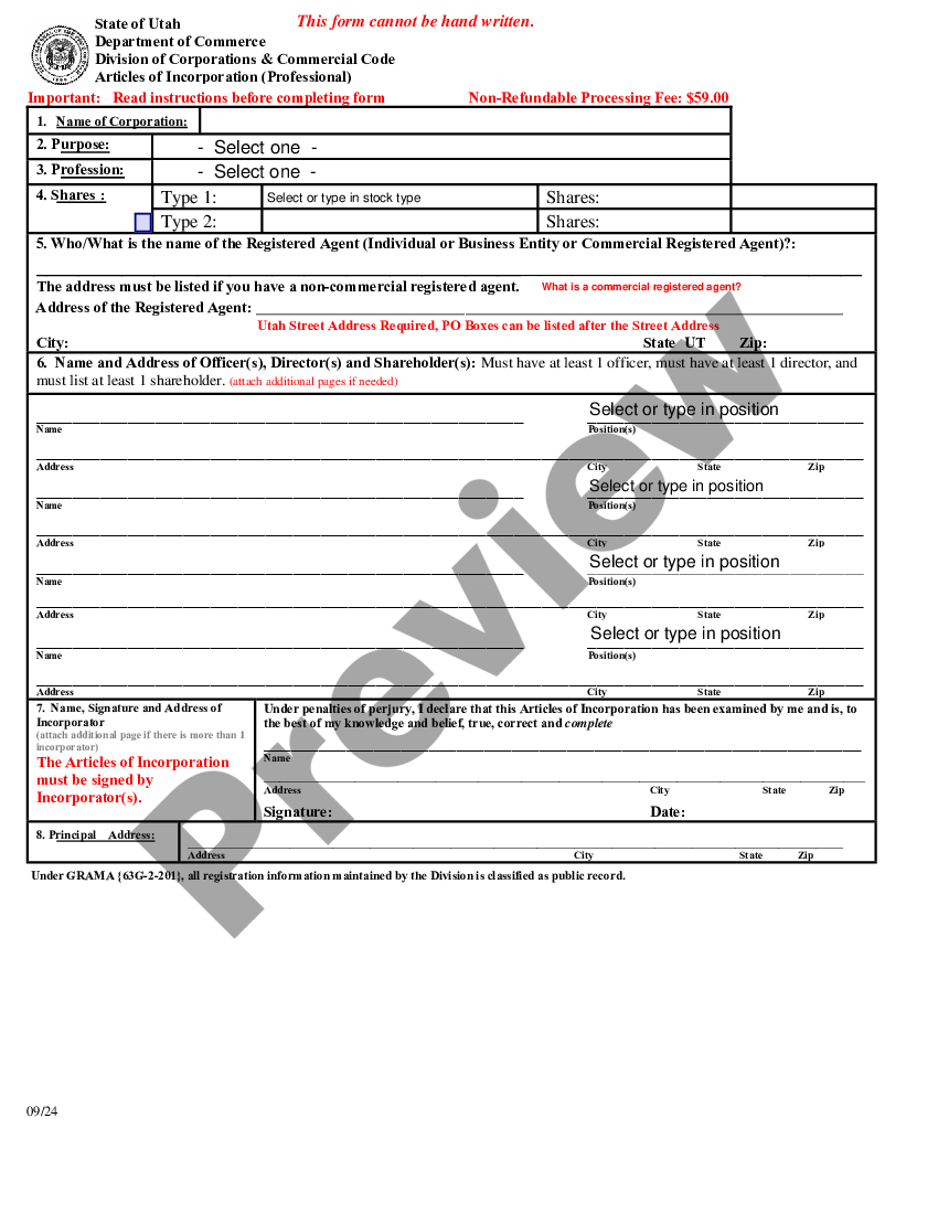 West Jordan Utah Articles of Incorporation for Professional Corporation ...