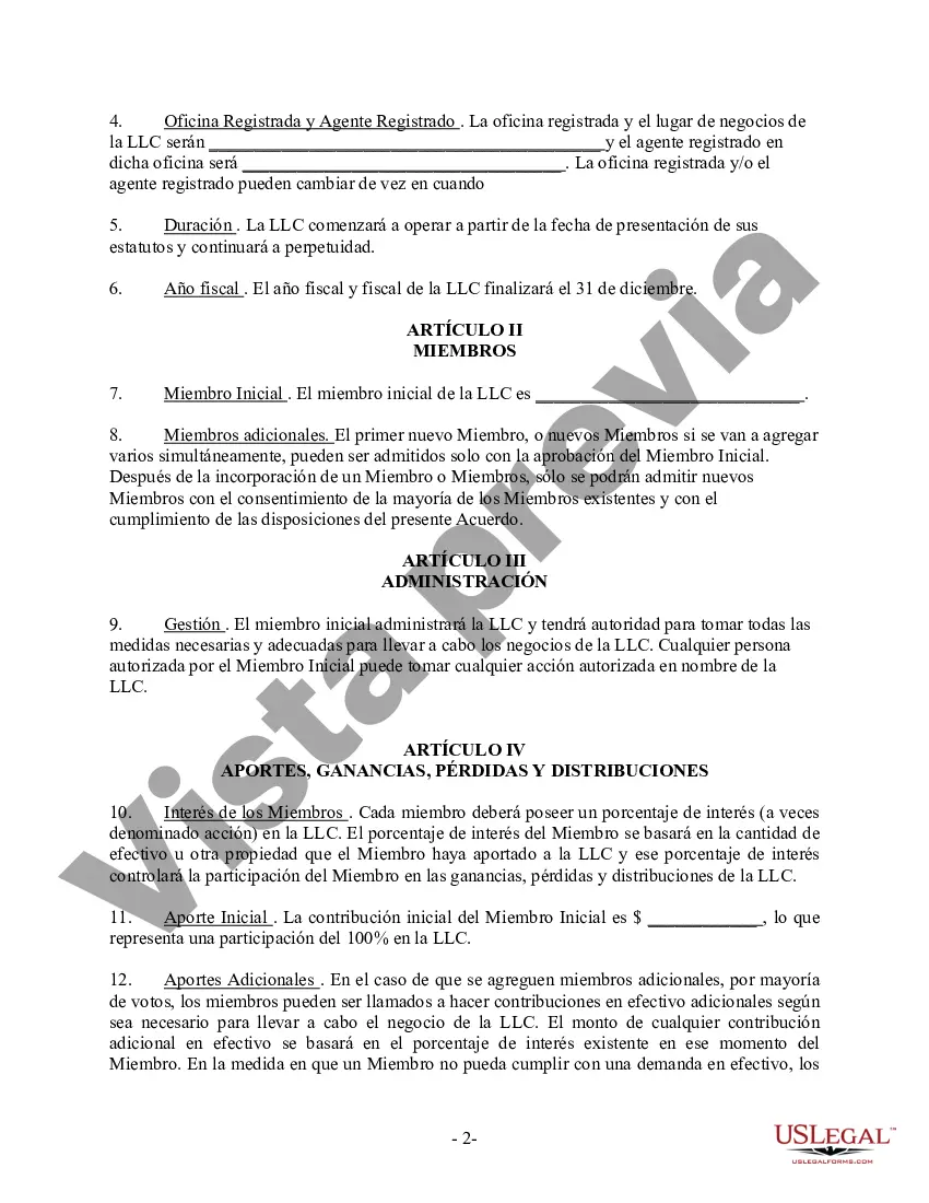 Preview Acuerdo Operativo LLC de Sociedad de Responsabilidad Limitada de Miembro Único