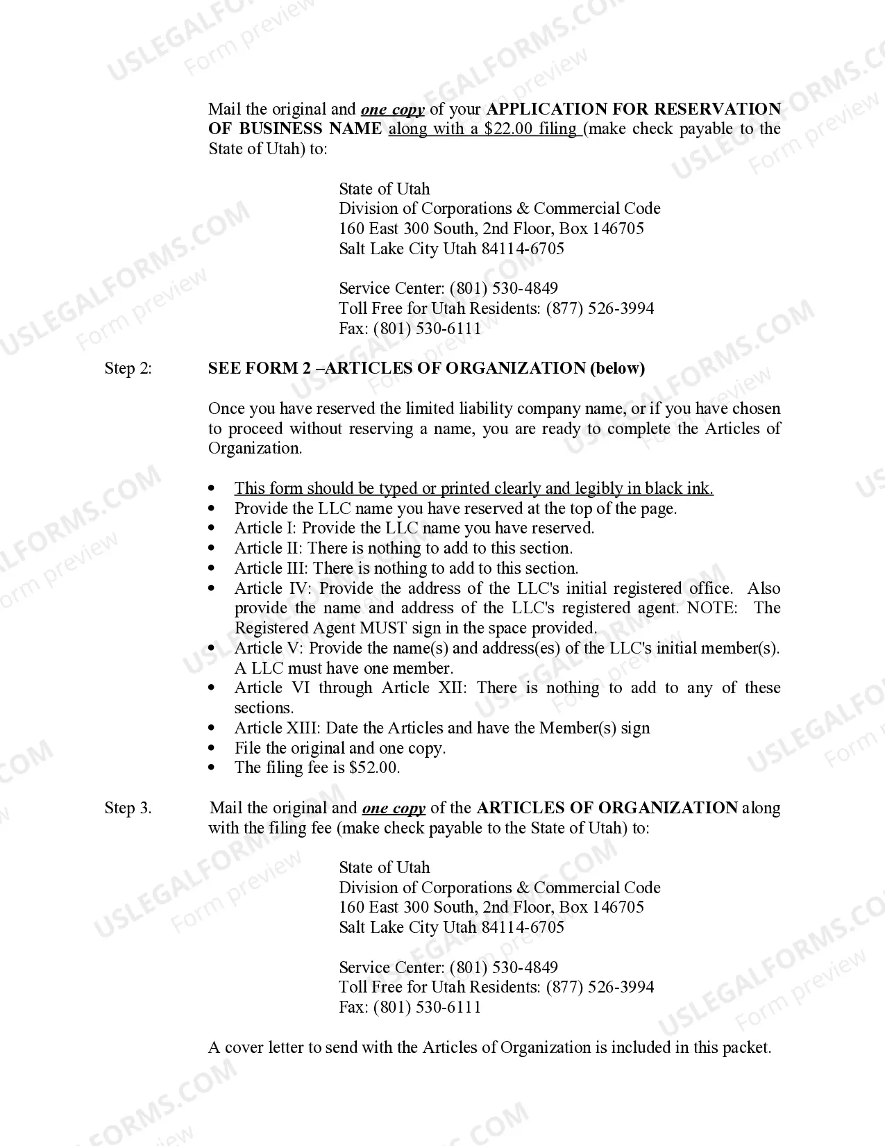 Preview Utah Limited Liability Company LLC Formation Package