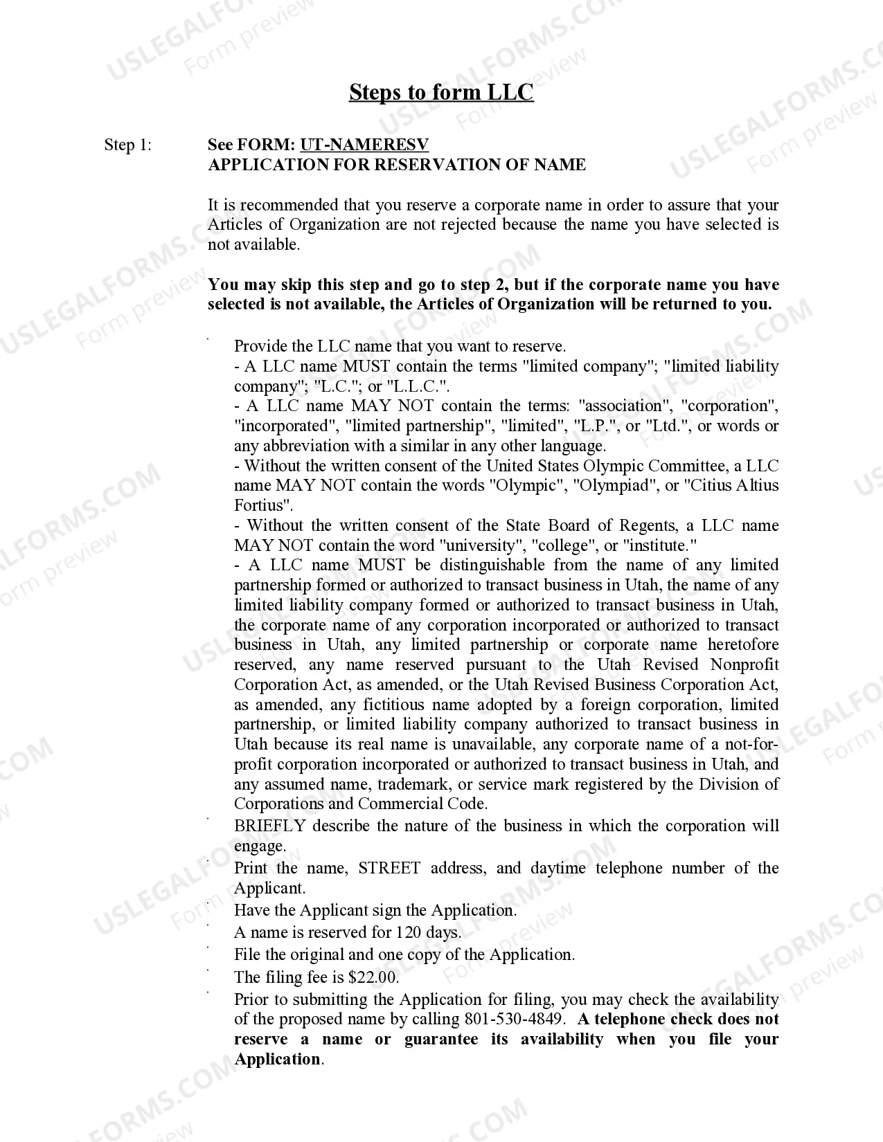 Preview Utah Limited Liability Company LLC Formation Package