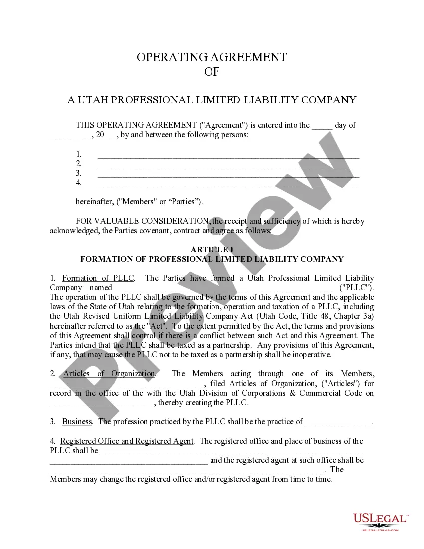 Preview Utah Professional Limited Liability Company PLLC Formation Package