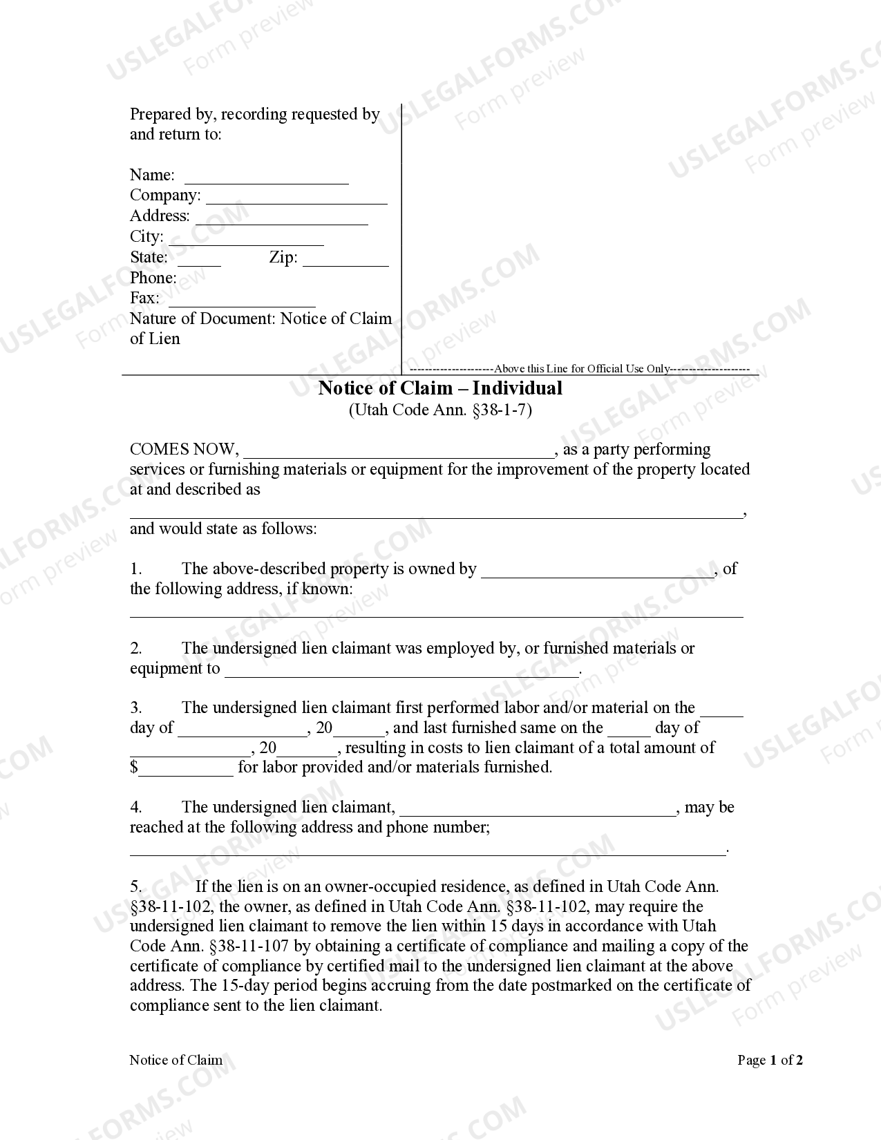 Utah Notice of Claim - Individual | US Legal Forms