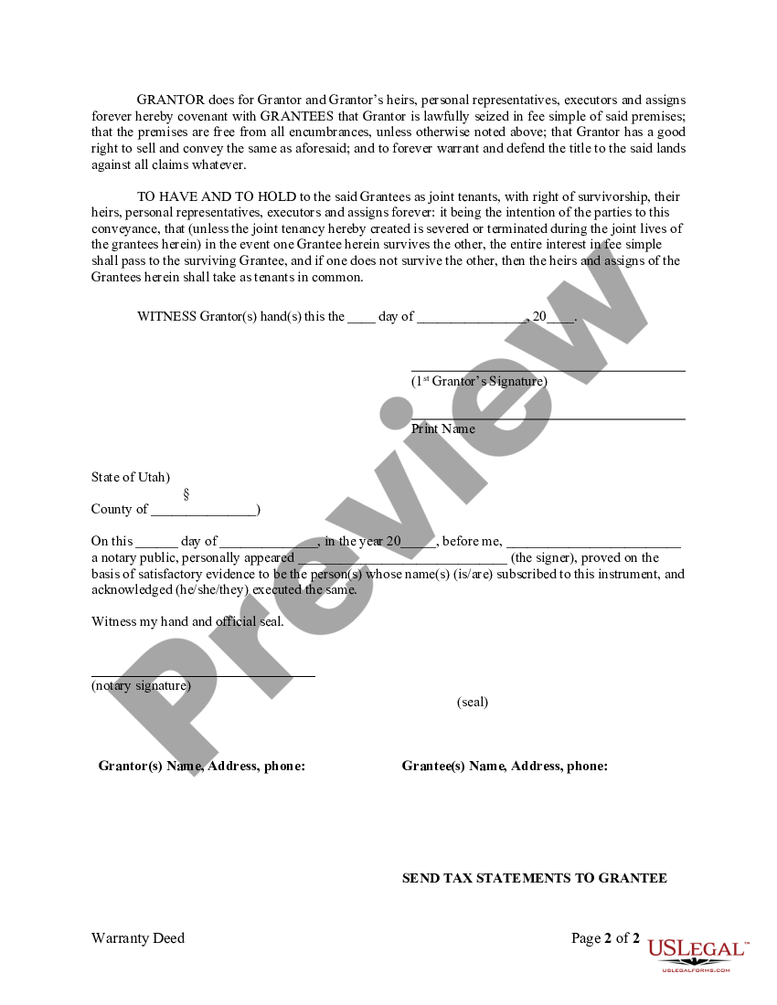 Salt Lake Utah Warranty Deed From Individual To Husband And Wife Us Legal Forms 5586