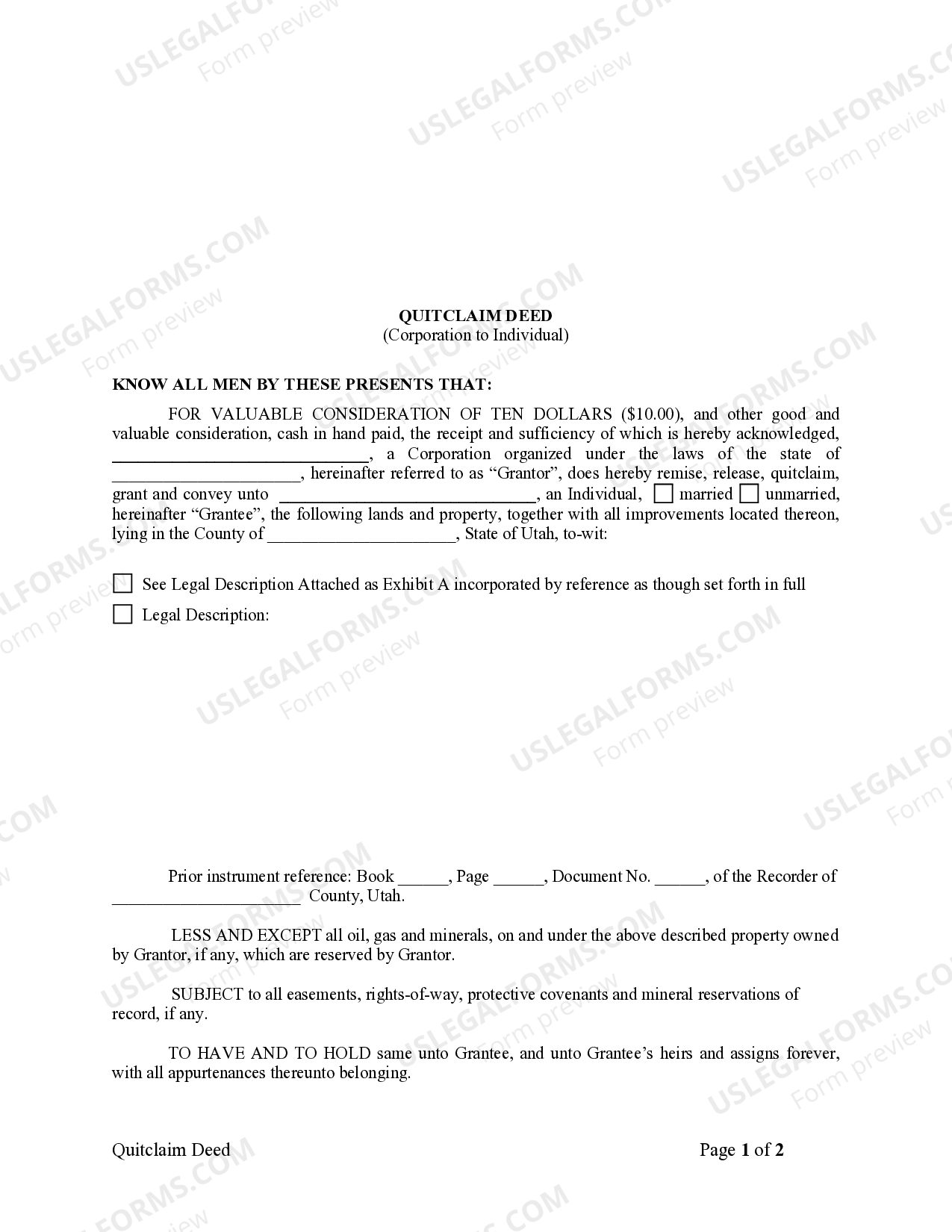 Utah Quitclaim Deed from Corporation to Individual | US Legal Forms