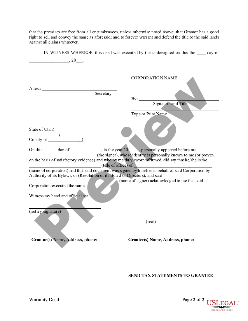 Utah Warranty Deed From Corporation To Corporation Utah Warranty Deed Form Us Legal Forms 2129