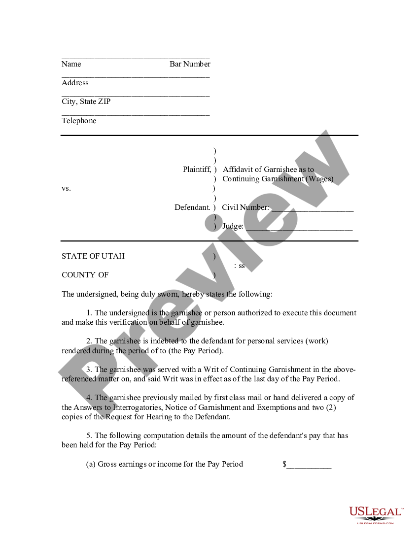 Utah Affidavit of Garnishee as to Continuing Garnishment - Wages | US ...