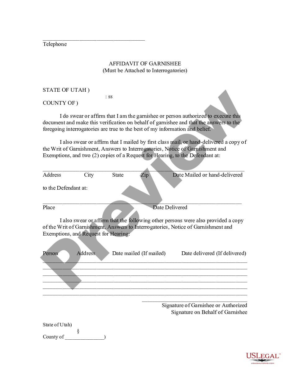 Utah Affidavit of Garnishee as to Continuing Garnishment