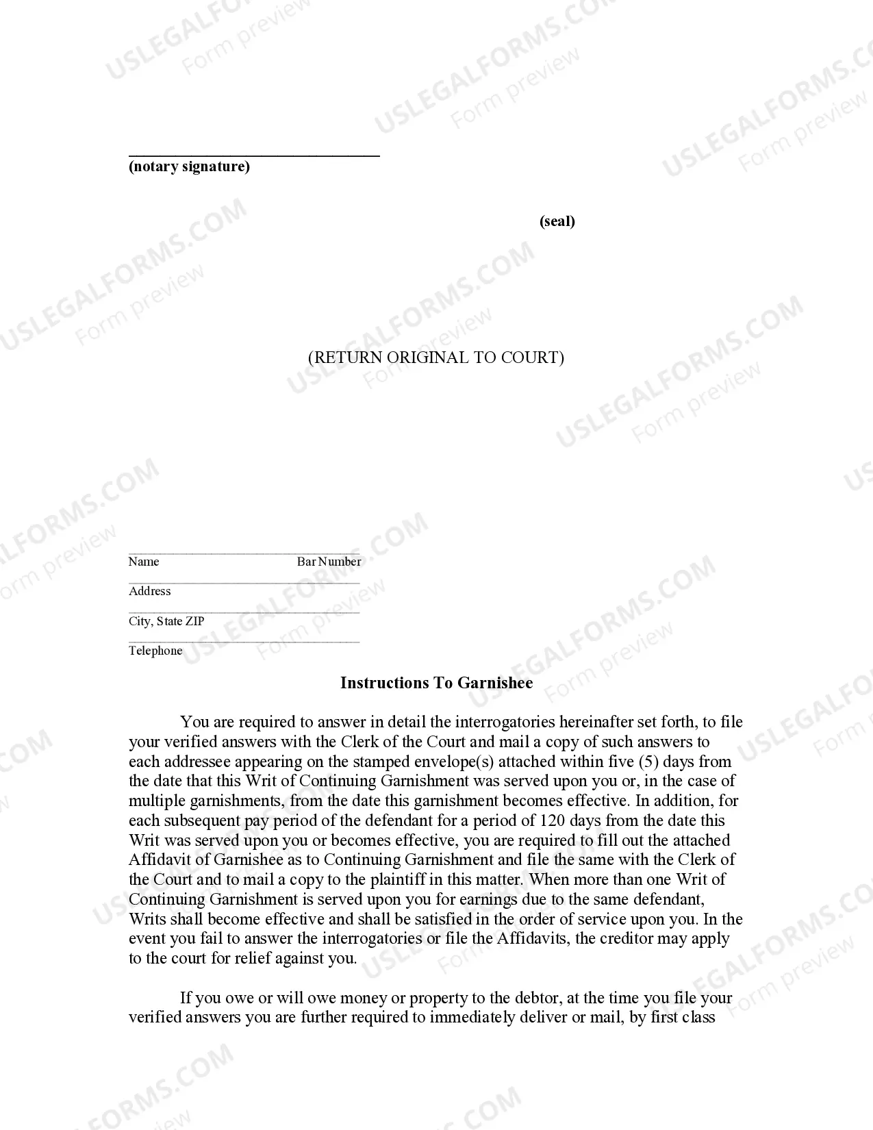Preview Affidavit of Garnishee as to Continuing Garnishment - Wages