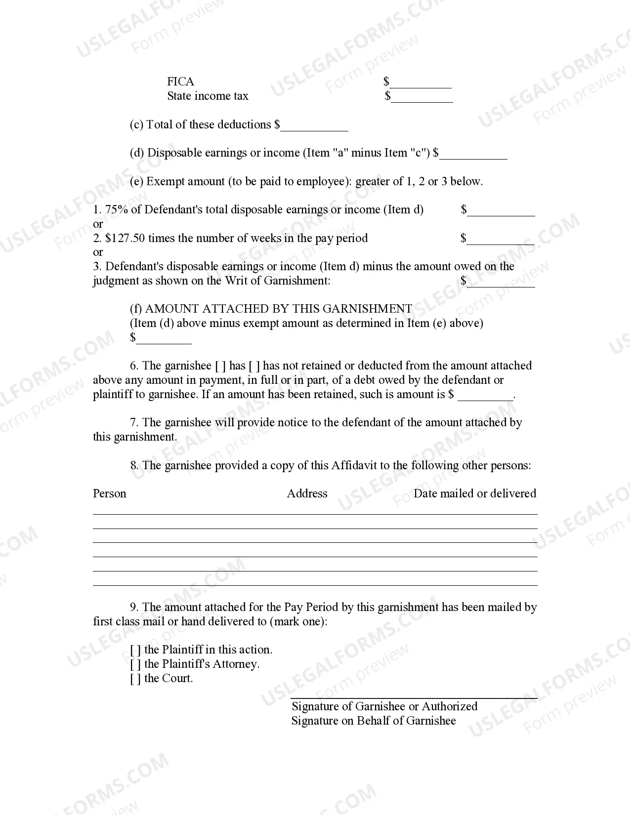 Preview Affidavit of Garnishee as to Continuing Garnishment - Wages