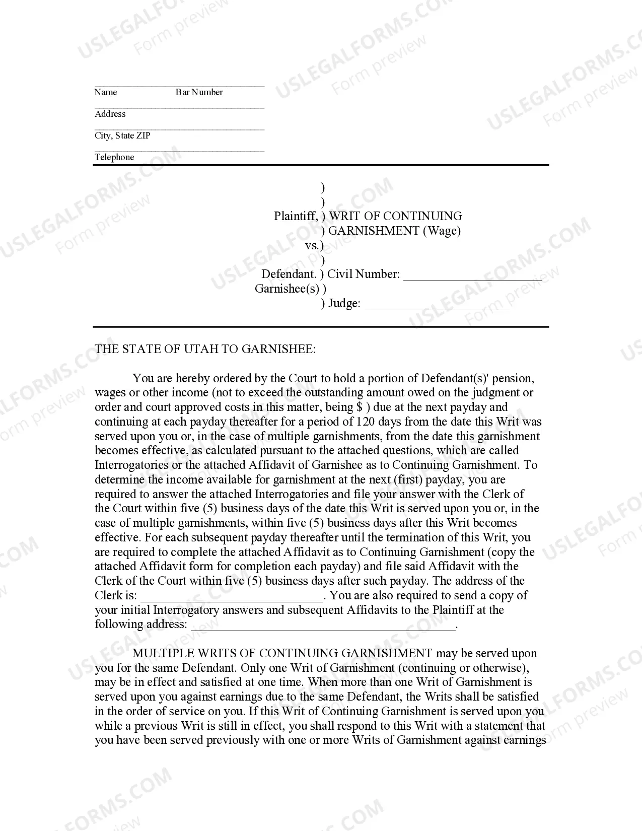 Preview Affidavit of Garnishee as to Continuing Garnishment - Wages