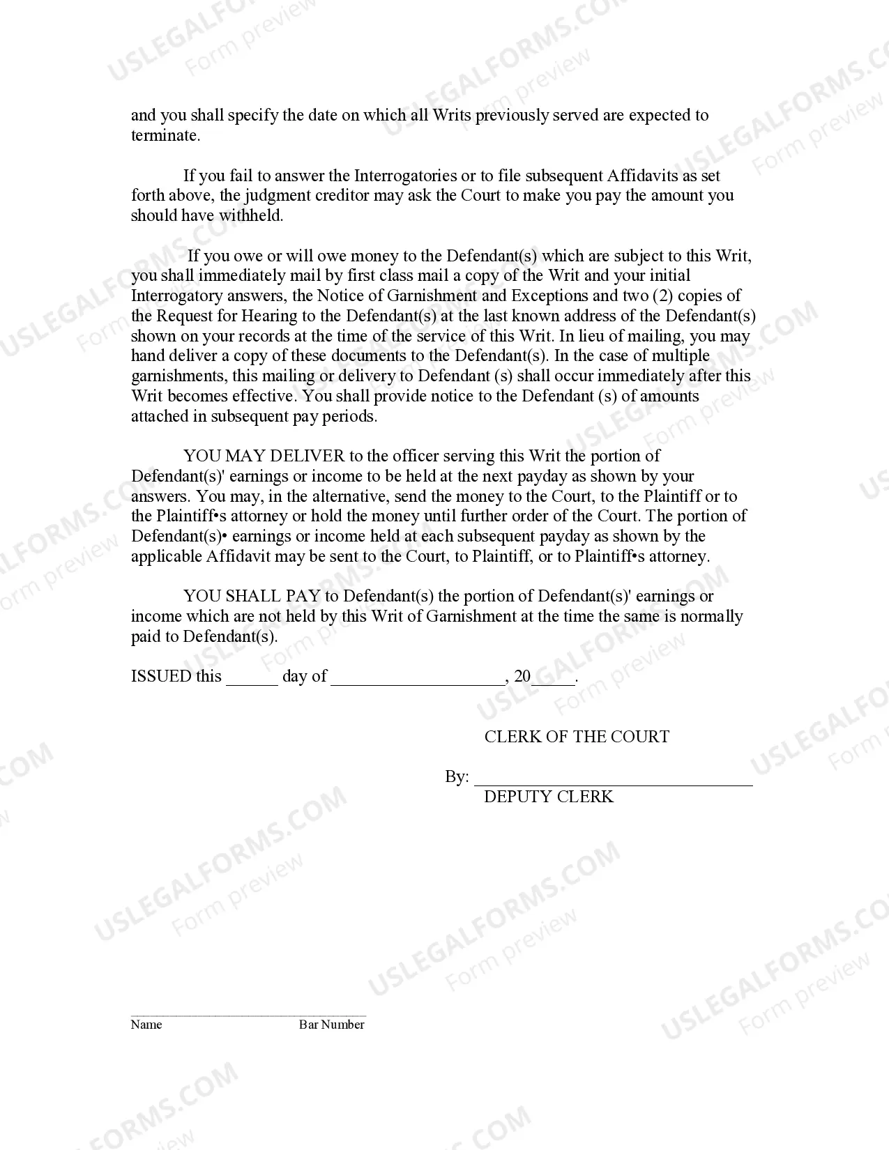 Preview Affidavit of Garnishee as to Continuing Garnishment - Wages