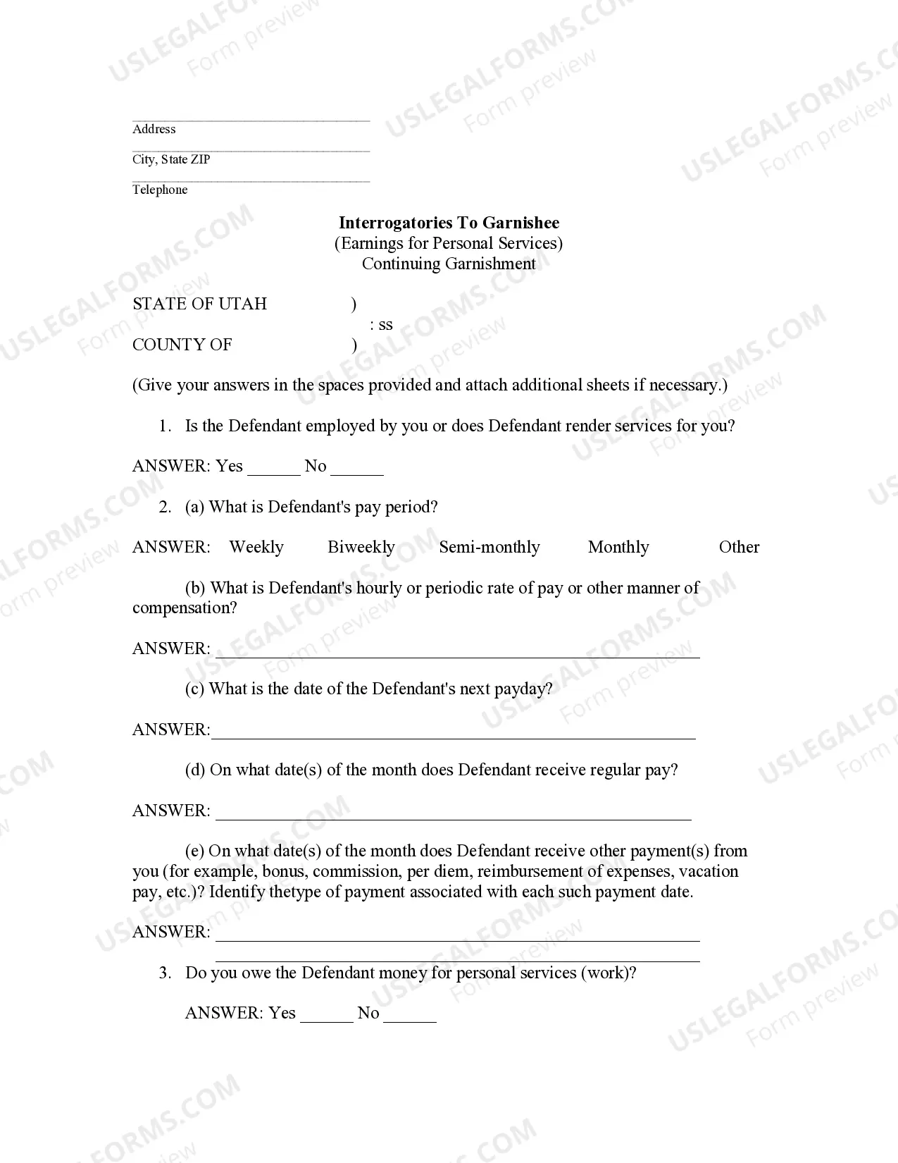 Preview Affidavit of Garnishee as to Continuing Garnishment - Wages