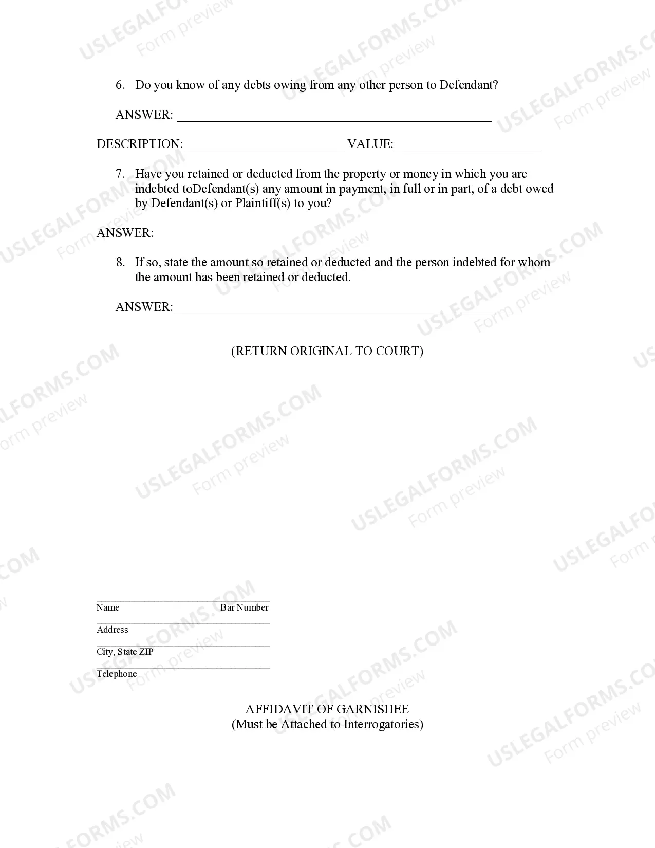 Preview Affidavit of Garnishee as to Continuing Garnishment - Wages