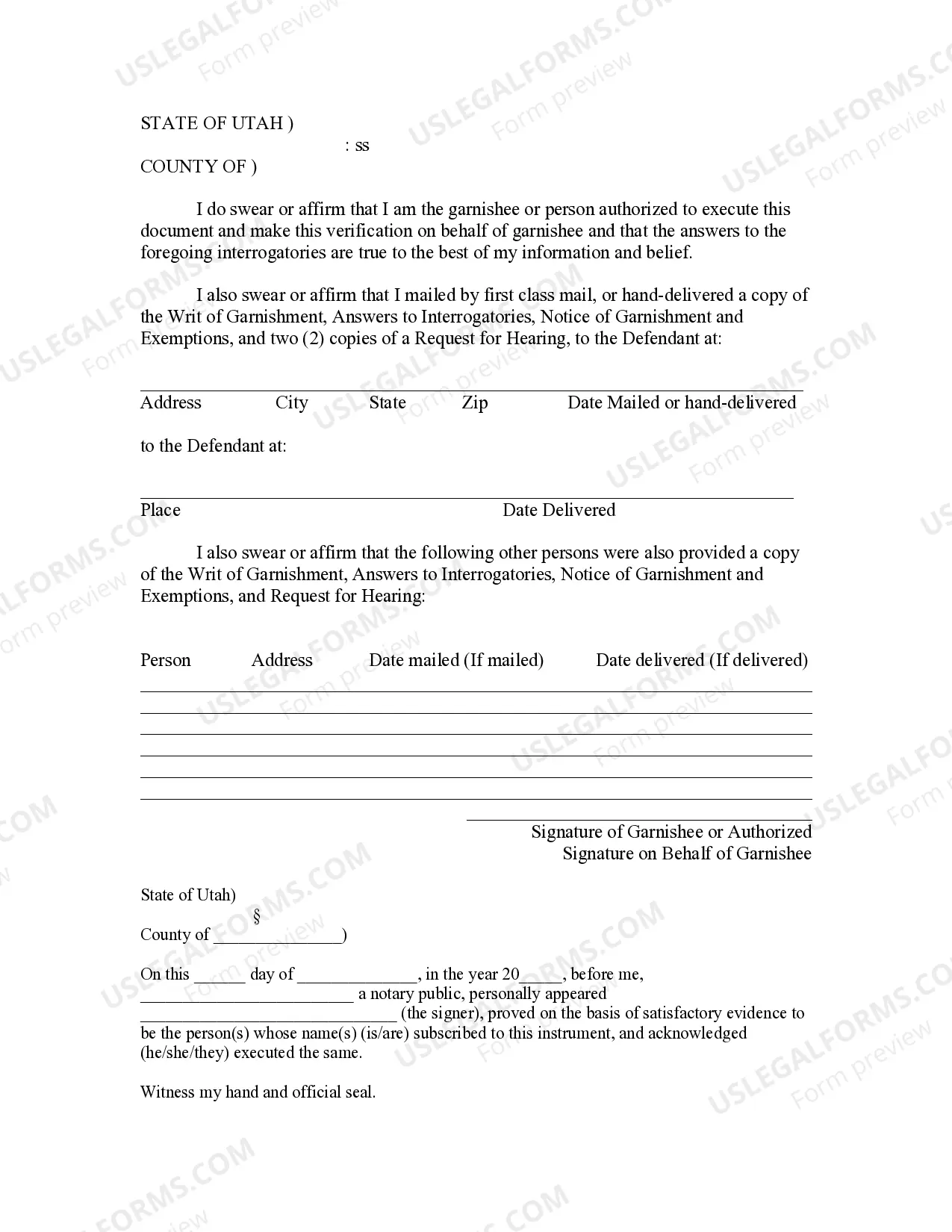 Preview Affidavit of Garnishee as to Continuing Garnishment - Wages